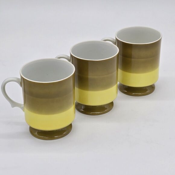 3 Vintage Holt Howard 1966 Green Striped Footed Coffee Mugs Cups Japan 7931 - Picture 2 of 5